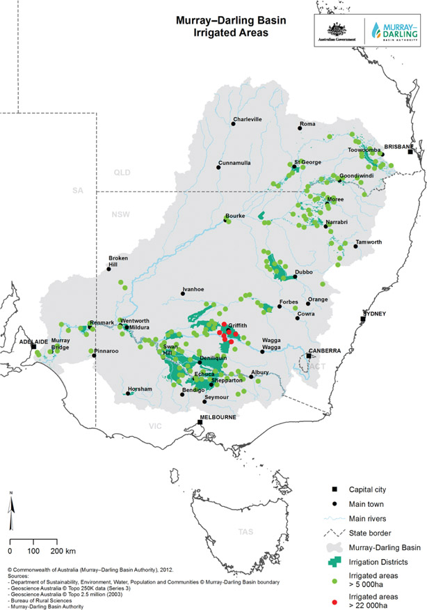 Source 4.9 Irrigation districts along the Murray and Darling rivers and their tributaries