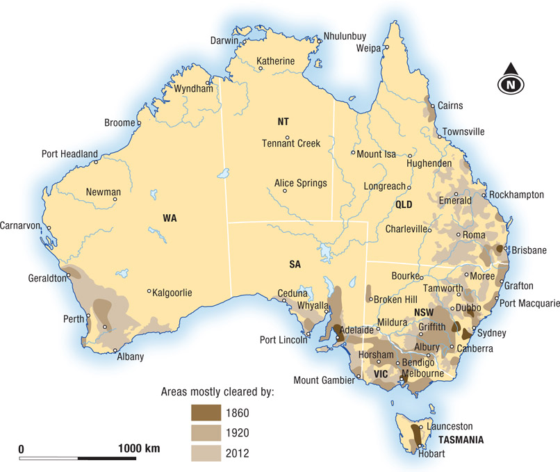 Source 4.20 Areas of vegetation cleared in Australia since 1788. Land clearing has led to loss of biodiversity and increased potential for erosion. The increase in the workforce following the gold rushes of the 1850s and mechanisation in the twentieth century substantially increased land clearing rates.