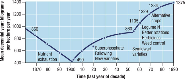 Source 4.25 Trends in wheat yields in Australia since the 1870s, showing declining production towards the end of the nineteenth century and substantial increases throughout the twentieth century