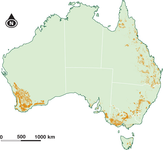 Source 4.39 Areas of Australia forecast to have high levels of salinity in 2050. This increase is going to significantly impact on crop production in the next 40 years unless strategies to deal with it are implemented.