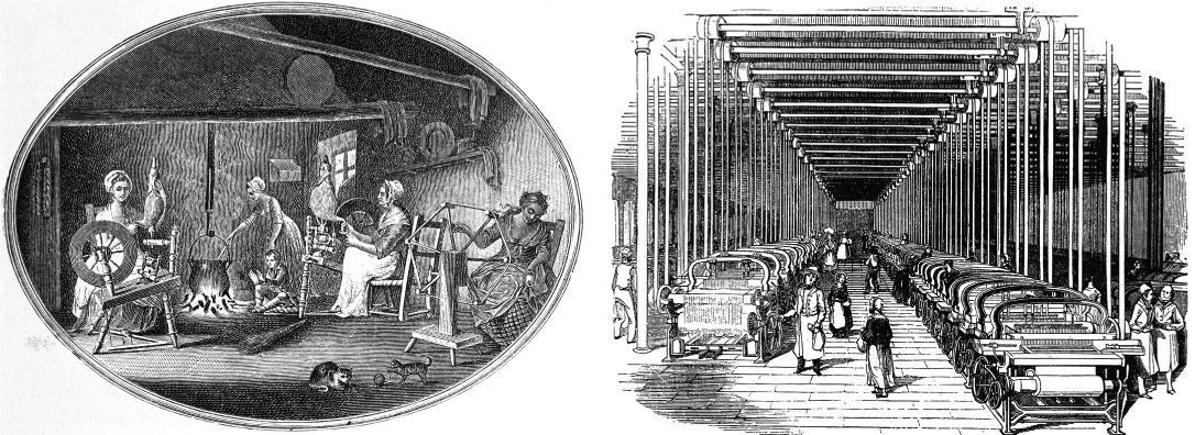 Sources 11.9 and 11.10 These images depict the gradual change from producing cotton in thousands of small cottage workshops to producing cloth in very large factories, where new machines could spin and weave much more quickly.