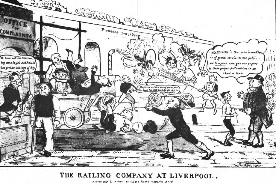 Source 11.12 The Railing Company at Liverpool: a comical representation of the confusion caused by railways. On the right, a well-fed lawyer argues that the railway is ‘of great service to the public’ because he can deliver his documents more quickly. Humorously, he is not aware that the documents in his back pocket have caught fire because of sparks from the train.