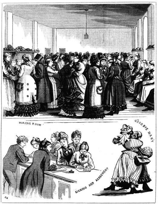 Source 12.12 Hiring immigrants at the Depot in Hyde Park. Potential employers dressed in fashionable clothes look over possible servant girls who sit in a line by the wall. After signing up for a job, the girl farewells her friends. Her large handkerchief, strange hat and big feet suggest that she is uncultured, but she must have felt sad saying goodbye to her few friends in the world.