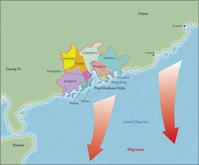 Source 12.14 The Pearl River Delta showing the regions from which Chinese people left