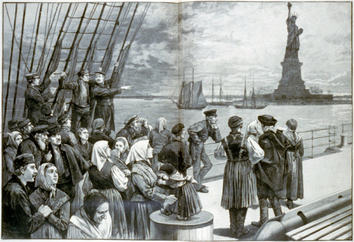 Source 12.18 ‘Welcome to the Land of Freedom’: European migrants on the deck of their ship as it passes the Statue of Liberty in 1889