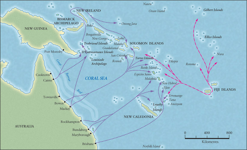 Source 12.6 Slave recruiters’ routes in the Pacific Ocean, including ports in Queensland