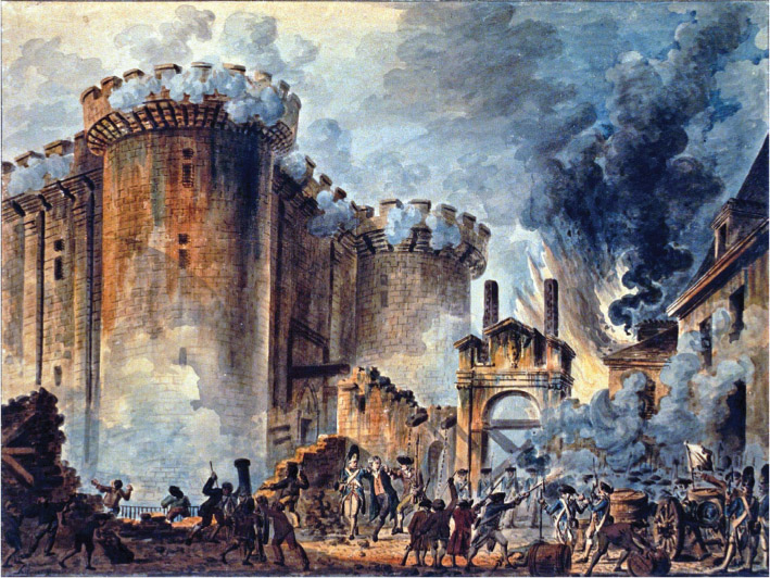 Source 13.4 Prise de la Bastille by Jean-Pierre Houël (1789) depicts the storming of the Bastille, a fortress in Paris, and the arrest of Governor de Launay on 14 July 1789.