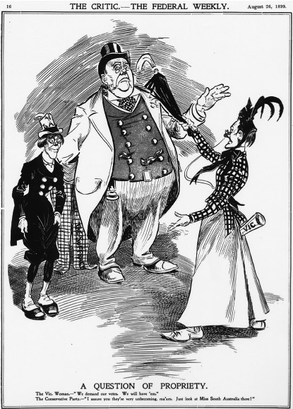 Source 14.23 The cartoonist shows a man representing the Conservative Party holding suffrage as a pair of trousers behind him. The Victorian woman is demanding the right to vote, but the man advises against it, pointing out that they ‘are very unbecoming ma’am. Just look at Miss South Australia there!’