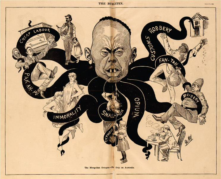 Source 14.29 A cartoon from The Bulletin on 21 August 1886: ‘The Mongolian Octopus: His grip on Australia’. Note that the word ‘Mongolian’ was used to refer to Chinese people.