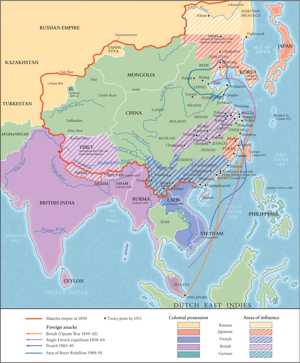 During the nineteenth century, China was beset by internal rebellions and lost territory to foreign powers. Foreign countries, Britain and France in particular, gained authority over key Chinese ports. The rising nation of Japan took the Ryukyu Islands and was influential in Korea and nearby provinces.