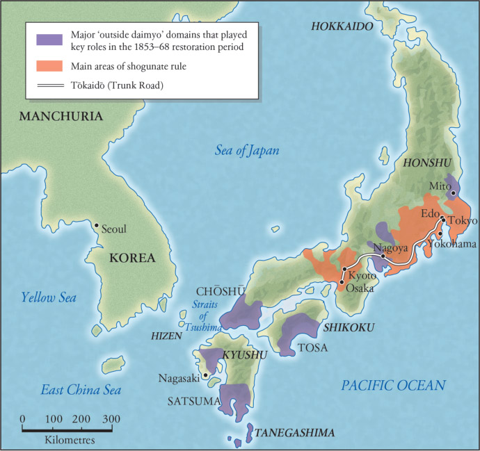 Source 15.4 Tokugawa, Japan: the area between Edo and Osaka was the political base of the Tokugawa shogunate as well as its rice basket. The domains (purple) that would overthrow the Tokugawa shogunate in the mid-nineteenth century were mostly in outlying areas of south-western Japan.