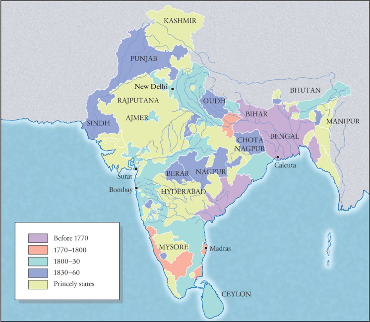 Source 15.7 The British penetration of India 1750–1860. The Princely states kept their own Indian rulers, but the British authorities had a great deal of power over these rulers.