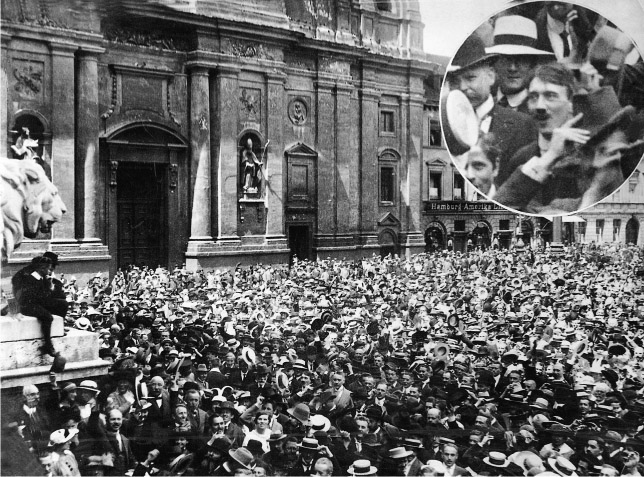 Source 16.2 Future German Chancellor, Adolf Hitler, at Munich’s Feldherrnhalle on 1 August 1914, the day Germany declared war on Russia