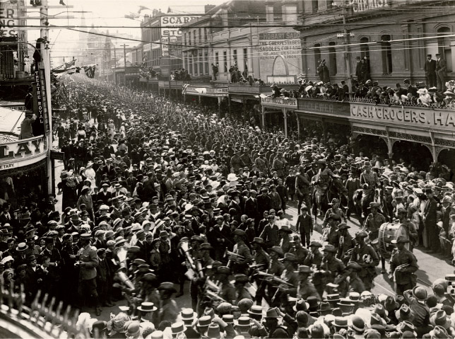 Source 16.3 The original 12th Brigade marches through Hobart to depart for the war on 20 October 1914 [AWM/H11609].