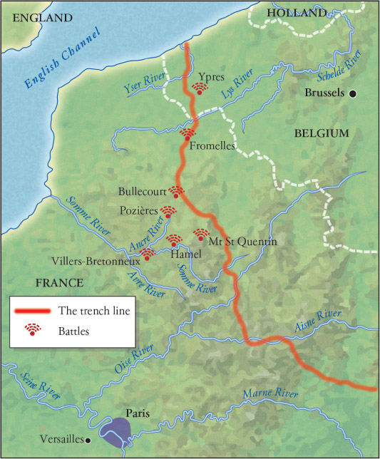 Source 16.6 The principal battle areas of the Western Front where Australians fought between 1916 and 1918