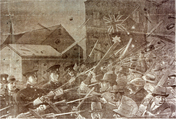 Source 16.16 Riotous returned soldiers face a police bayonet line outside the Russian Hall in Merivale Street, South Brisbane on 24 March 1919. There were many injuries in this violent encounter, prompted by anti-Russian feeling.